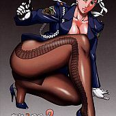 Anime cop in sheer hose shows her kewl legs.